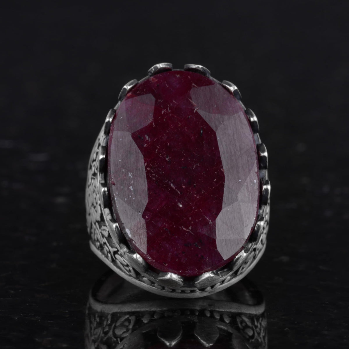 Kambo Genuine Natural Ruby Stone Rose Pattern 925 Sterling Silver Handcrafted Large Ring — 4