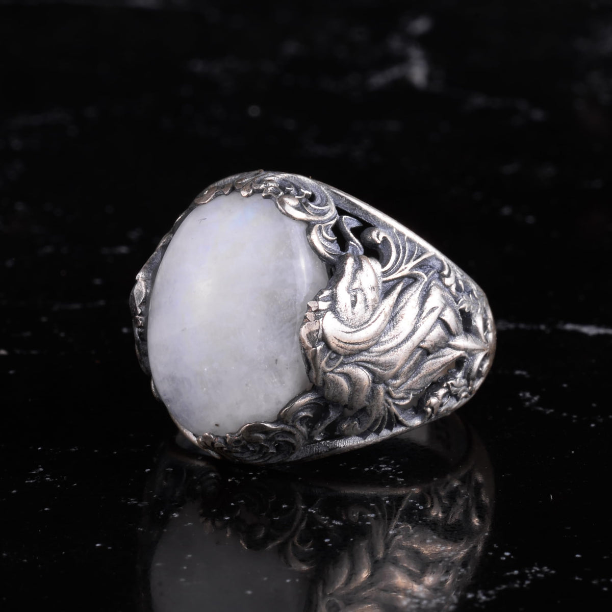 KAMBO Natural Stone Men's Ring 925 Sterling Silver - Large Flower Engraved Statement Ring - Handmade Vintage Ring for Men (Moonstone) — 5
