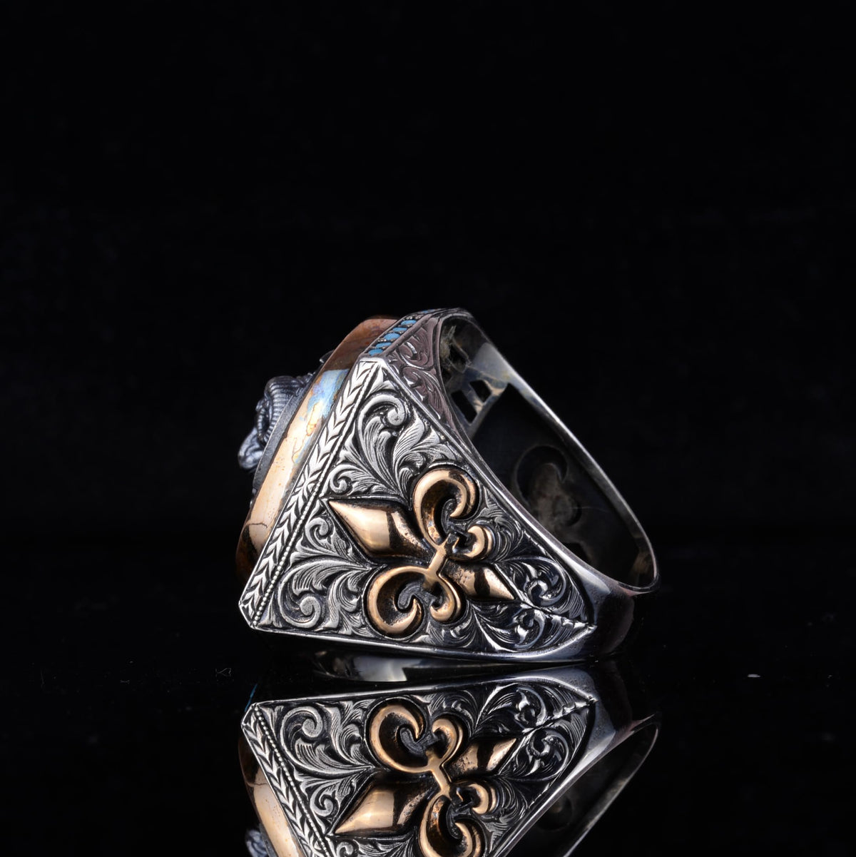 Black Designed Stone Men's Large Ring – 925 Sterling Silver Vintage Design Statement Ring (Ram) — 7