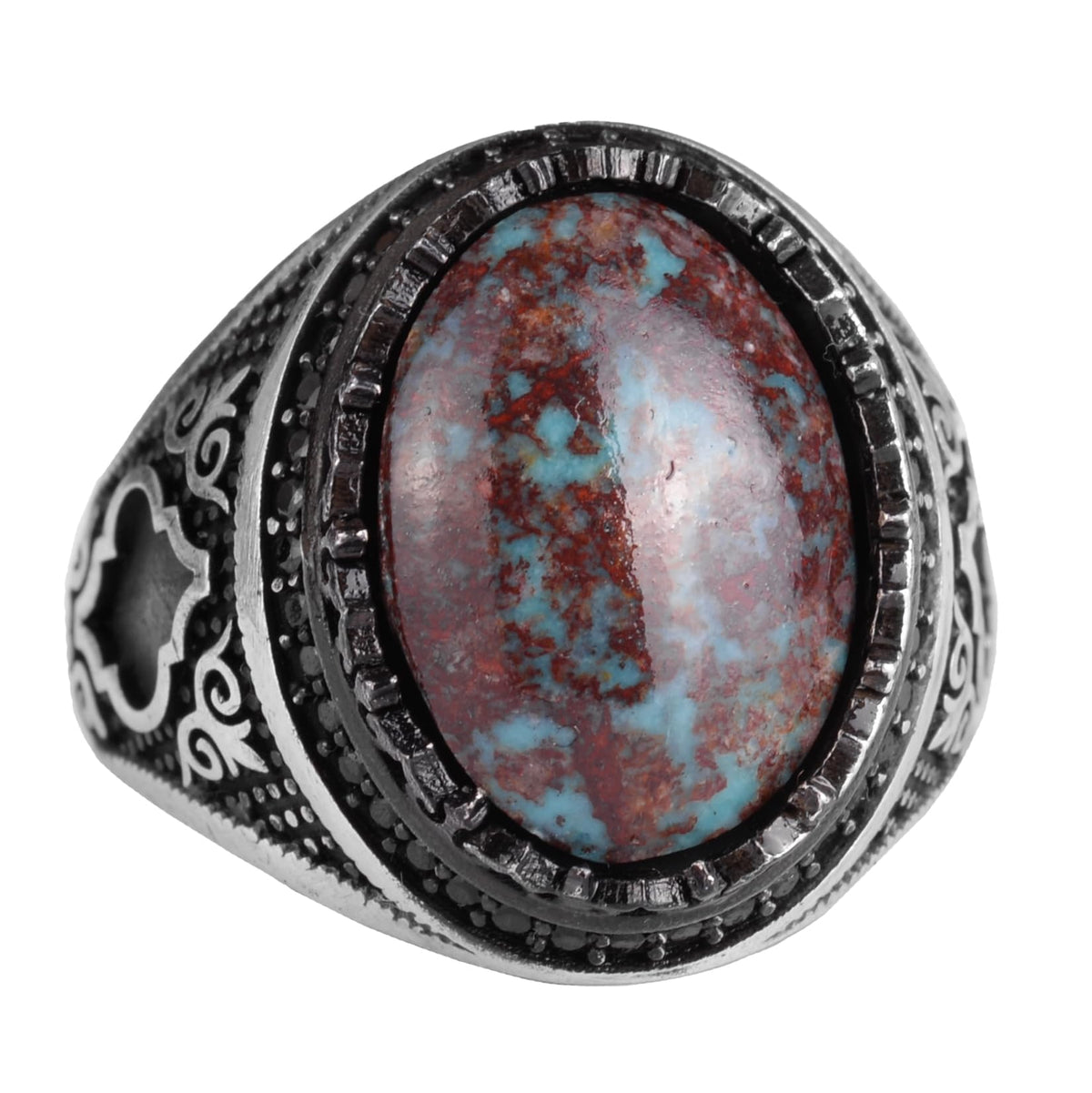 KAMBO Natural Turquoise Stone 925 Sterling Silver Men's Ring - Seljuk Figure Pattern Vintage Statement Jewelry (Style-2)