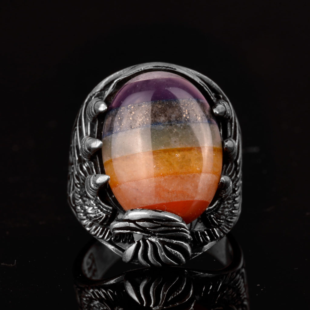 925 Sterling Silver Men's Ring, Hawk Claw Ring, Natural Stone 7 Chakra Ring, Rainbow Ring — 2