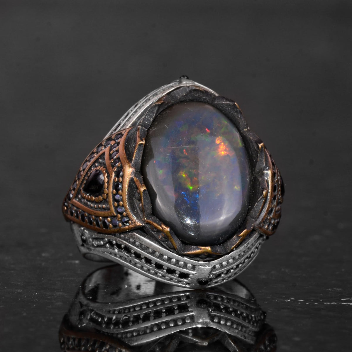 925 Sterling Silver Men's Ring - Natural Opal - Bronze Plated Details - Handmade, Attractive Piece — 5
