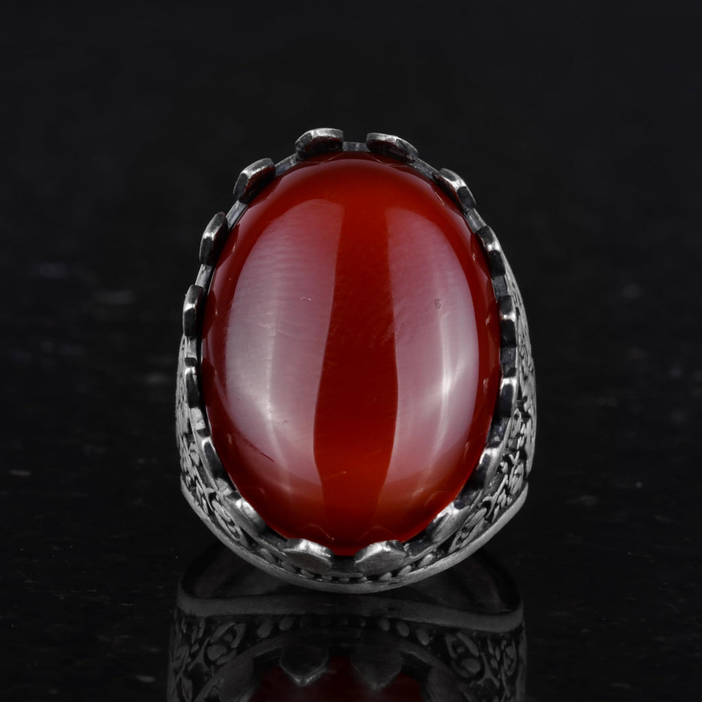 Natural Stone Ring - Rose Pattern - 925 Sterling Silver - Handmade Ring (Red Agate) — 4