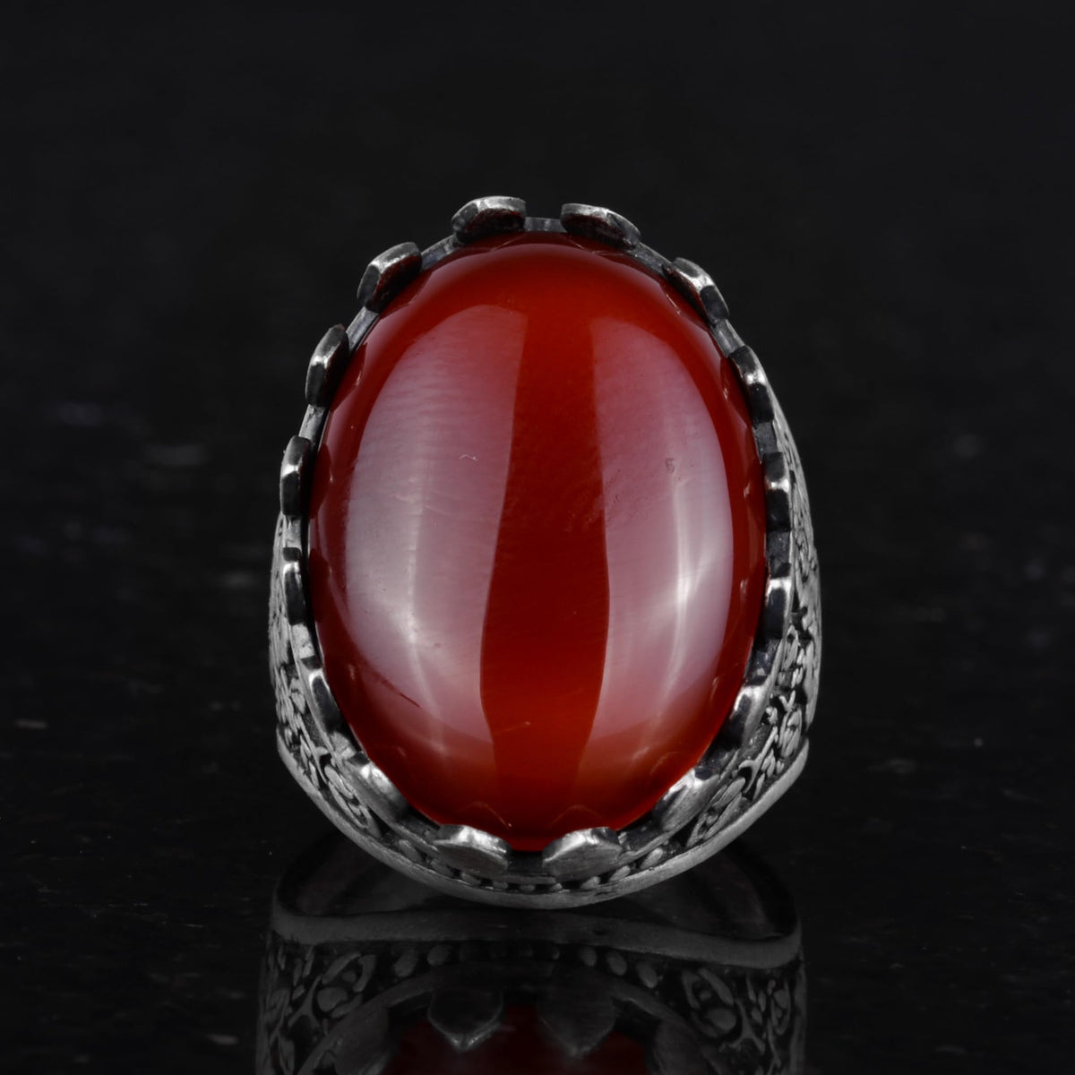 Natural Stone Ring - Rose Pattern - 925 Sterling Silver - Handmade Ring (Red Agate) — 4