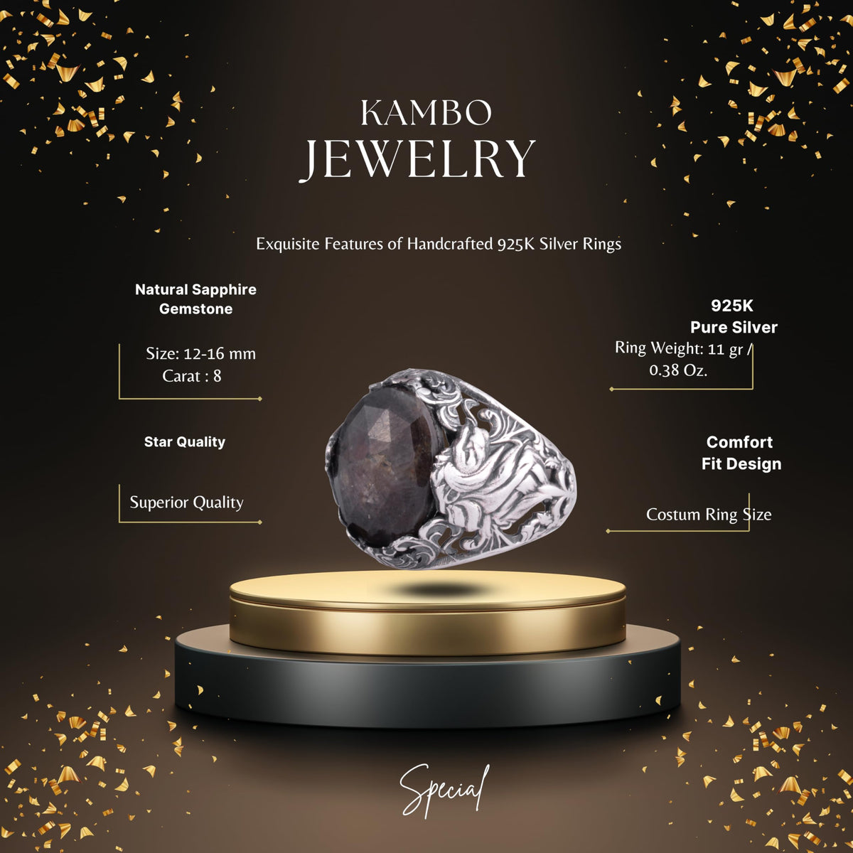 KAMBO Natural Stone Men's Ring 925 Sterling Silver - Large Flower Engraved Statement Ring - Handmade Vintage Ring for Men (Sapphire) — 2