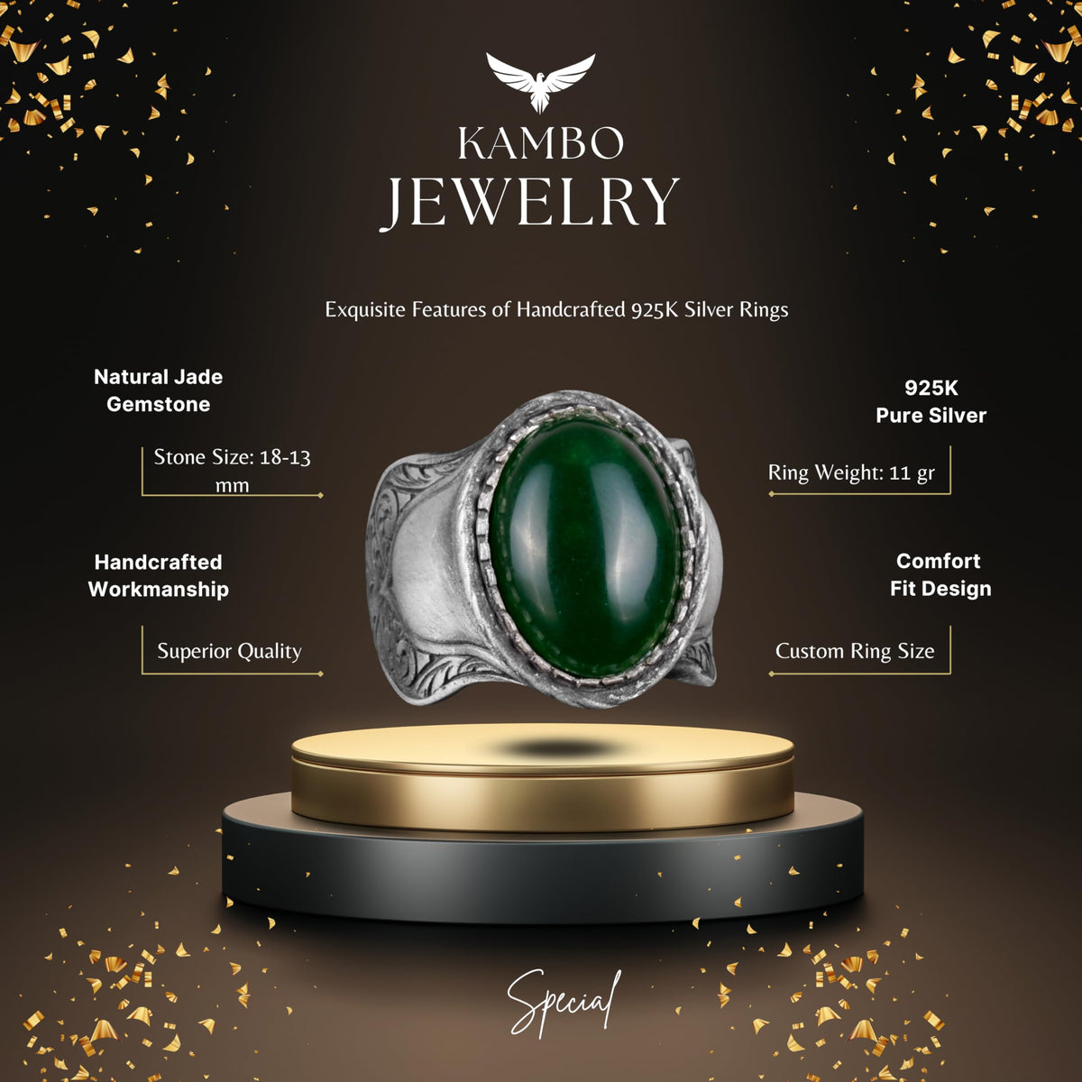 Natural Stone Ring, 925 Sterling Silver Ring (Jade) — 2