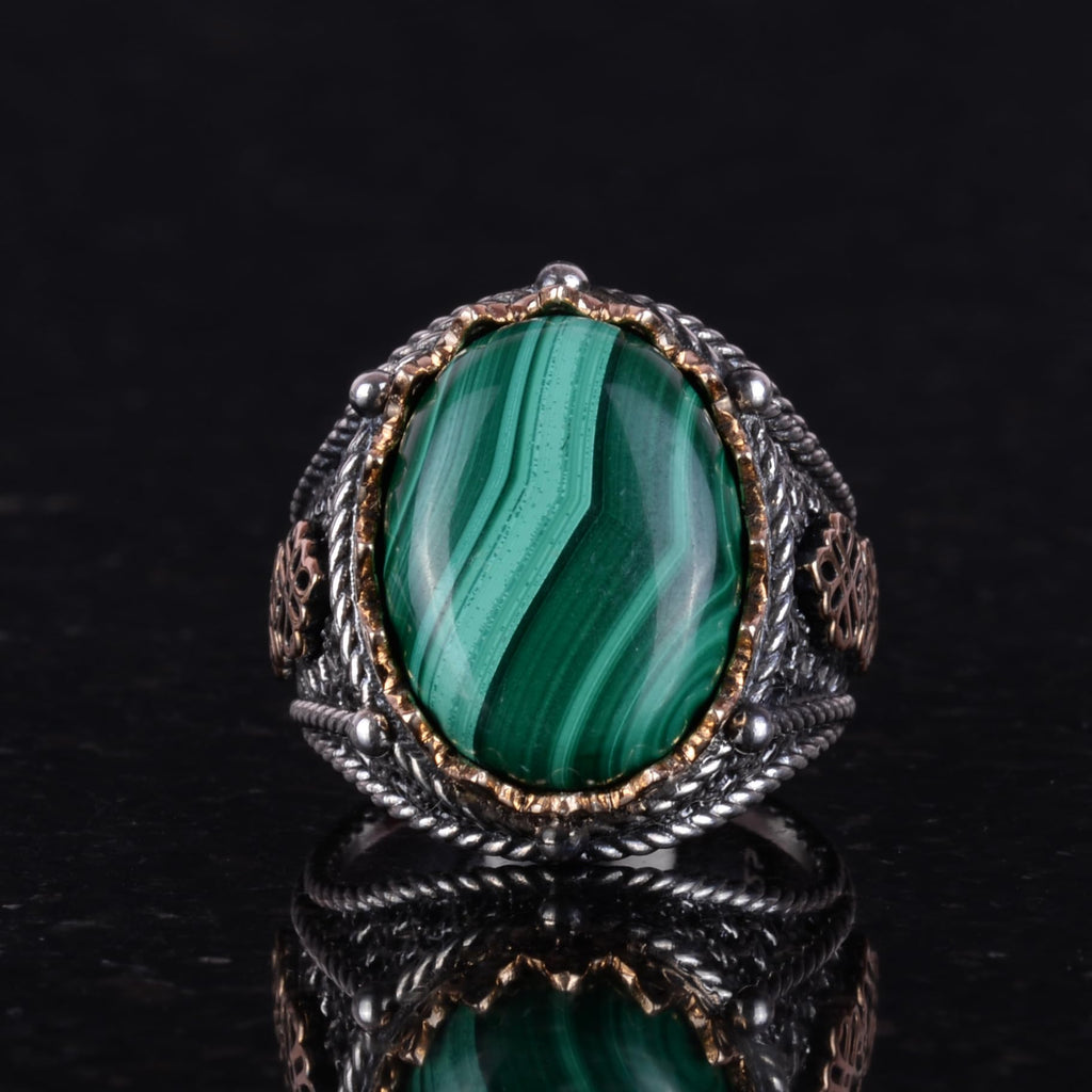 925 Sterling Silver Men's Ring, Natural Malachite Stone Ring — 4