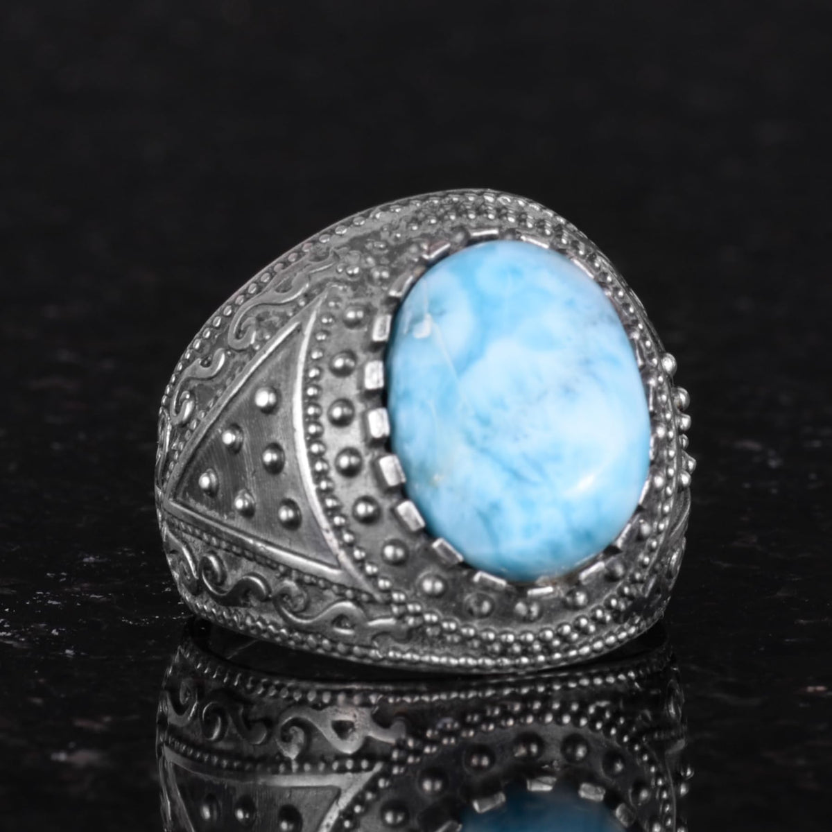 Natural Larimar Stone Ring, 925 Sterling Silver Men's Ring — 5