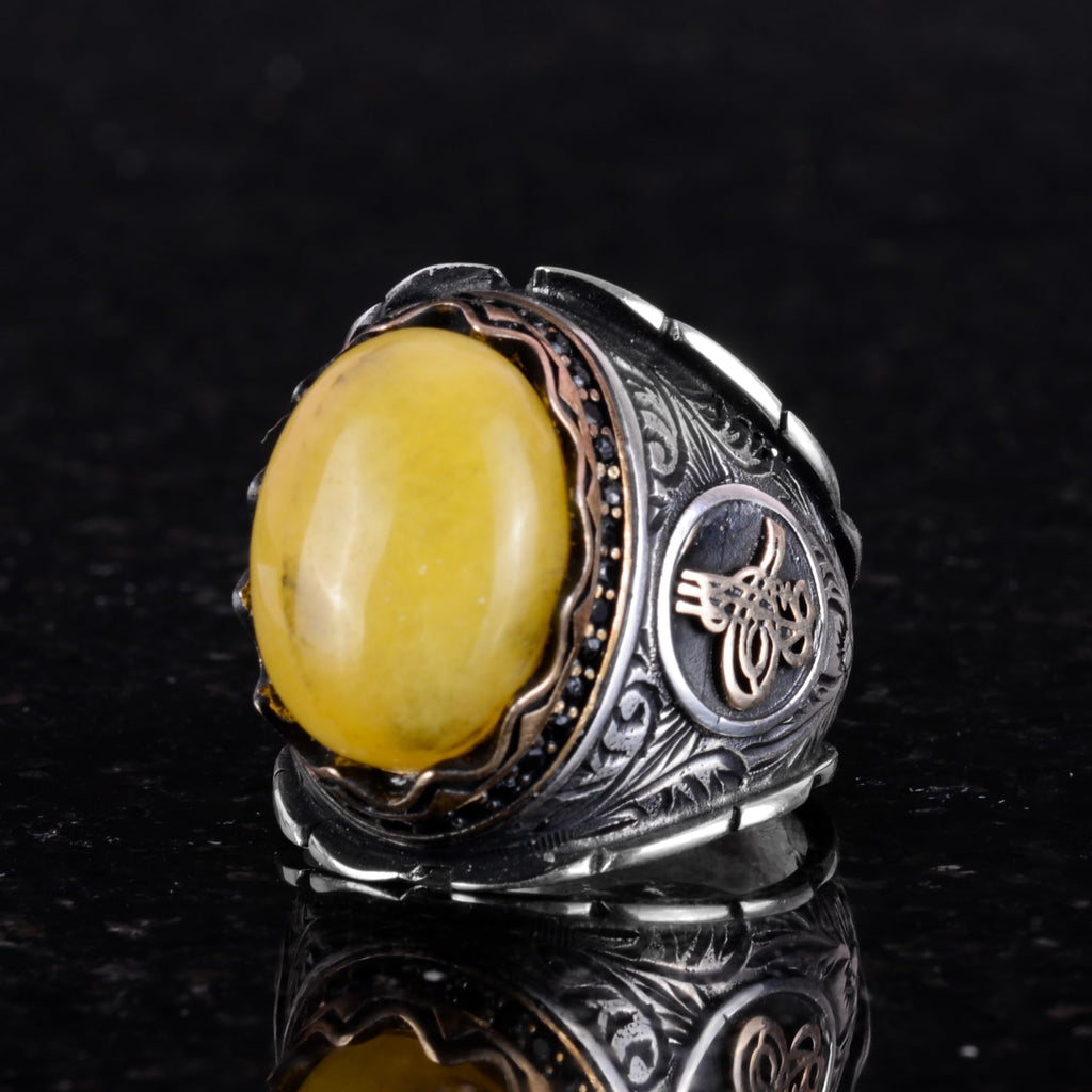 Ottoman Tugra Silver Ring, Natural Yellow Agate Stone Ring — 6