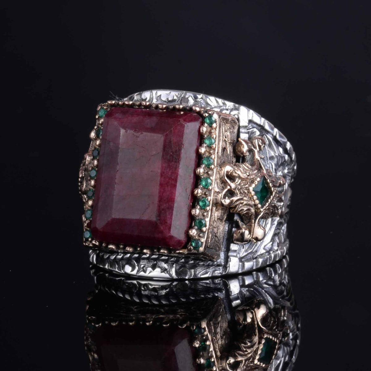 KAMBO 925 Sterling Silver Natural Ruby Men's Ring – Handmade Ottoman Style Statement Ring – Vintage Turkish Jewelry — 6
