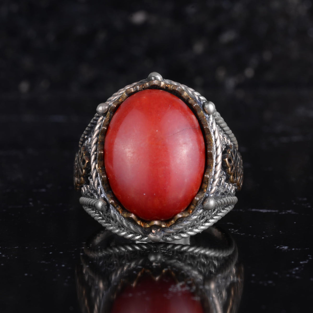 KAMBO Natural Coral Stone Ring for Men 925 Sterling Silver Handmade Statement Ring Red Coral — 3