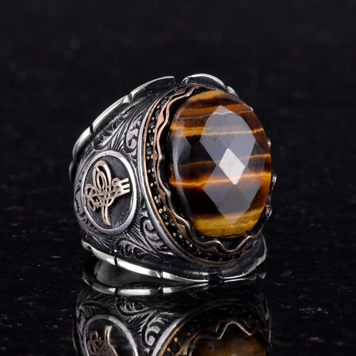 Ottoman Tugra Silver Ring, Natural Stone Ring, 925 Sterling Silver Men's Ring (Tiger Eye) — 4