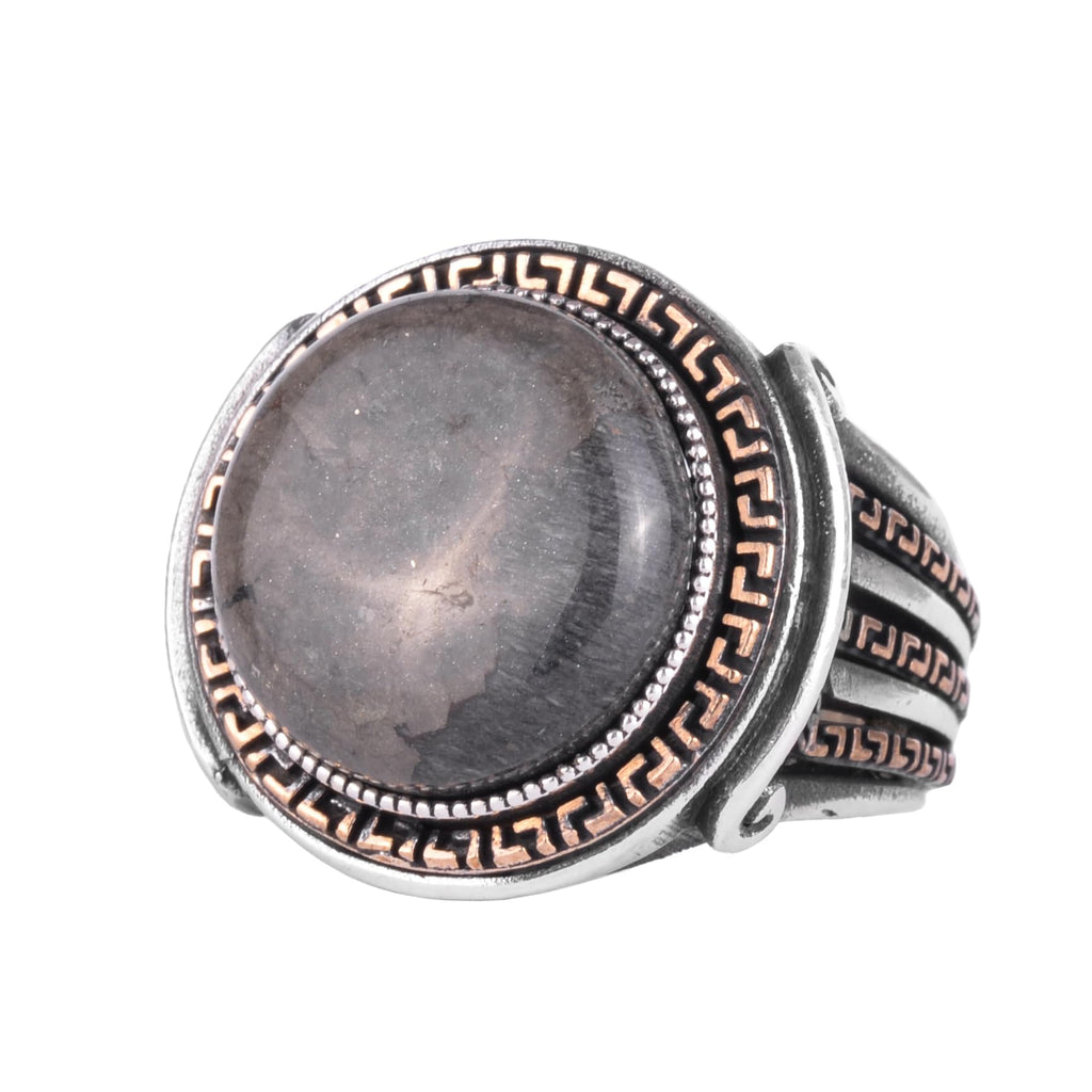 KAMBO Stone Round Men's Ring 925 Sterling Silver – Cabochon Handmade Vintage Greek Pattern Statement Ring (Pyrite)
