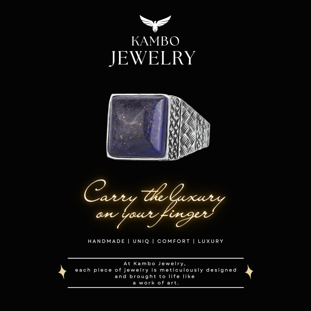 KAMBO Natural Stone Men's Ring 925 Sterling Silver Square Stone Handmade Statement Ring Unique Masculine Jewelry (Lapis Lazuli) — 8