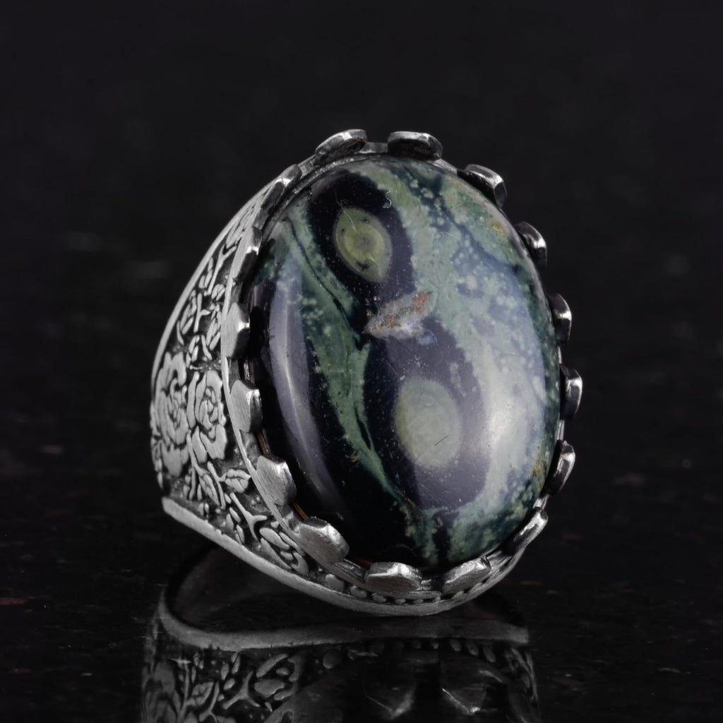 Natural Green Eye Stone Ring - Rose Pattern 925 Sterling Silver Handmade Ring — 6