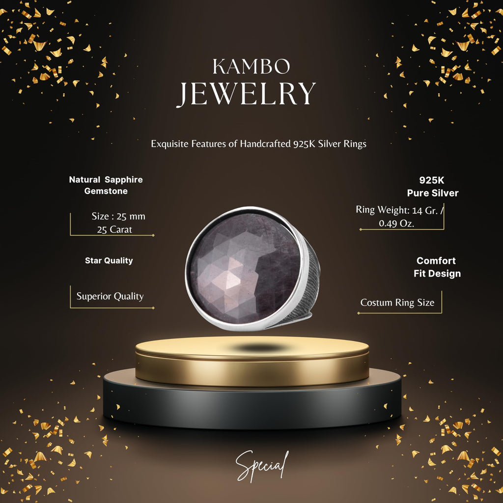 KAMBO Natural Sapphire Stone Men's Ring – Round Large Stone 925 Sterling Silver Handmade Statement Ring — 2