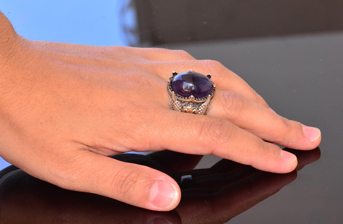 Natural Amethyst Stone Ring - Silver Men's Hawk Claw Ring — 6