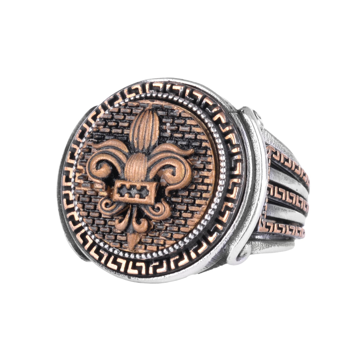 KAMBO Bronze Detailed 925 Sterling Silver Men's Ring Handmade Vintage Symbolic Statement Ring (Fleur De Lis)
