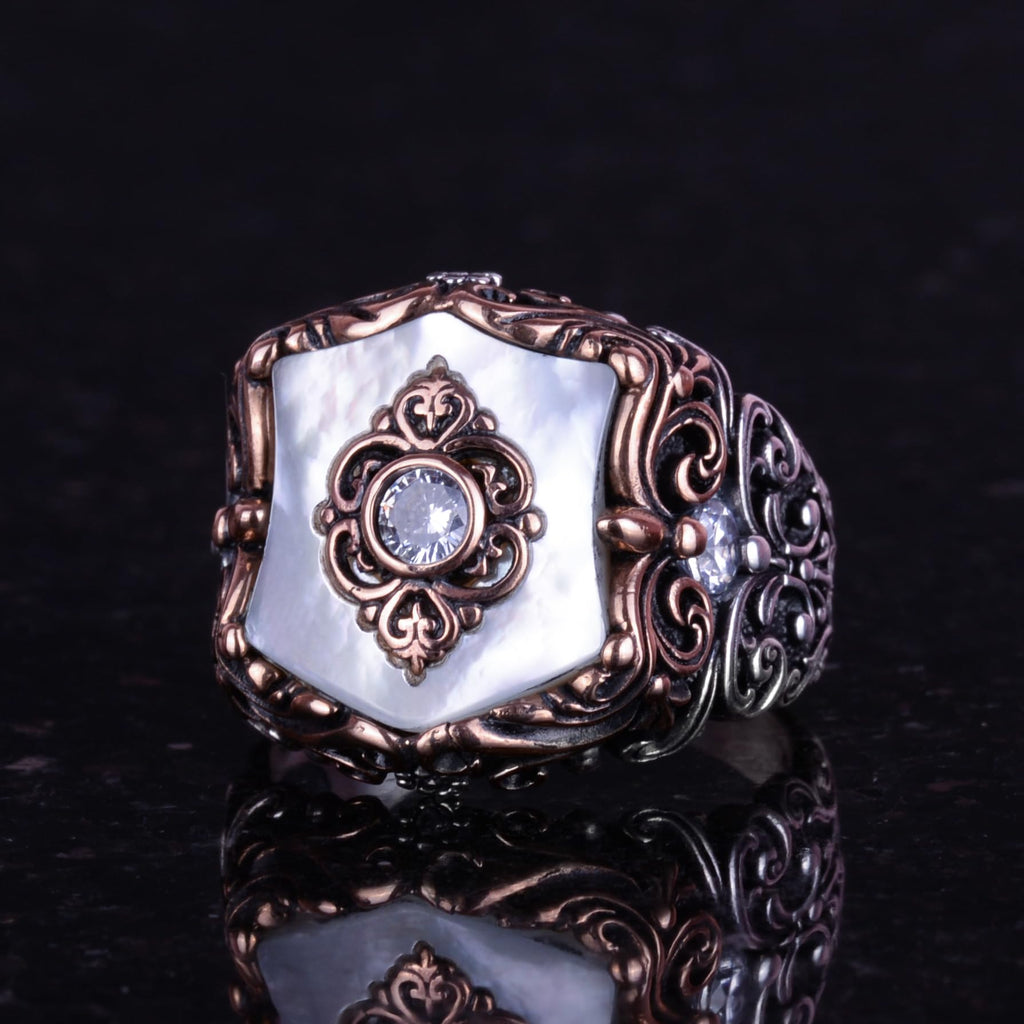 Natural Pearl Stone Ring, Handmade Vintage Design, 925 Sterling Silver Men's Ring — 4