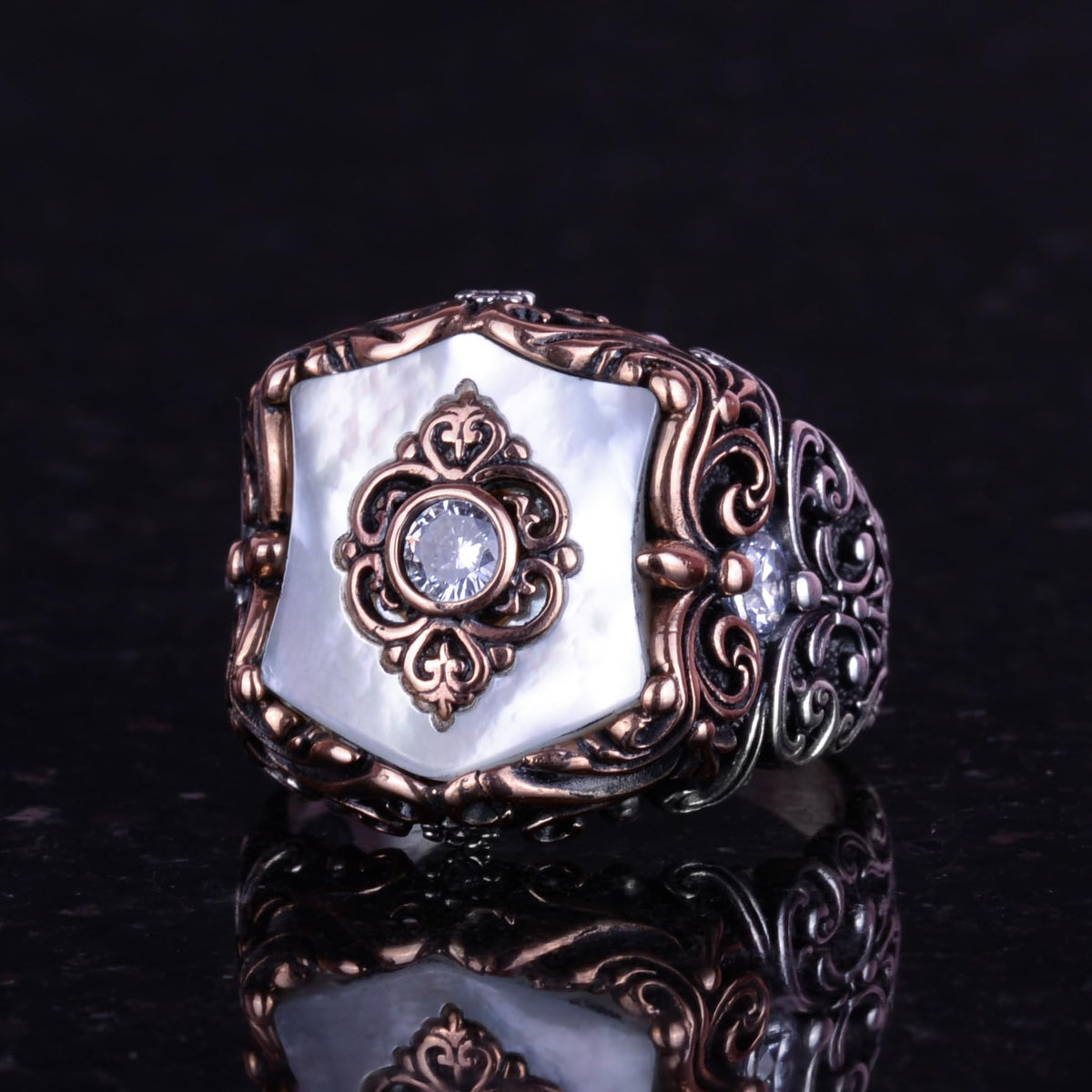 Natural Pearl Stone Ring, Handmade Vintage Design, 925 Sterling Silver Men's Ring — 4