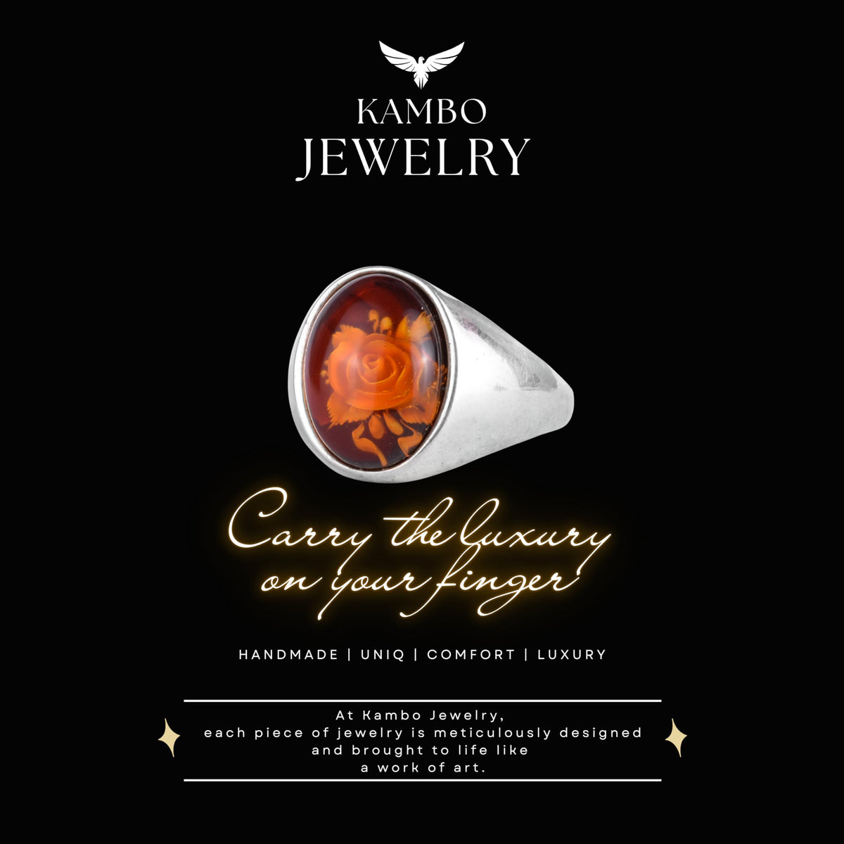 KAMBO Natural Amber Rose Carved Ring 925 Sterling Silver Men's Ring Oval Stone Handmade Vintage Flower Design — 8