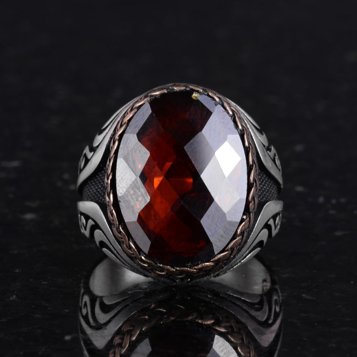 Kambo 925 Sterling Silver Men's Ring - Unique Handcrafted Ring with Synthetic Garnet Stone — 4