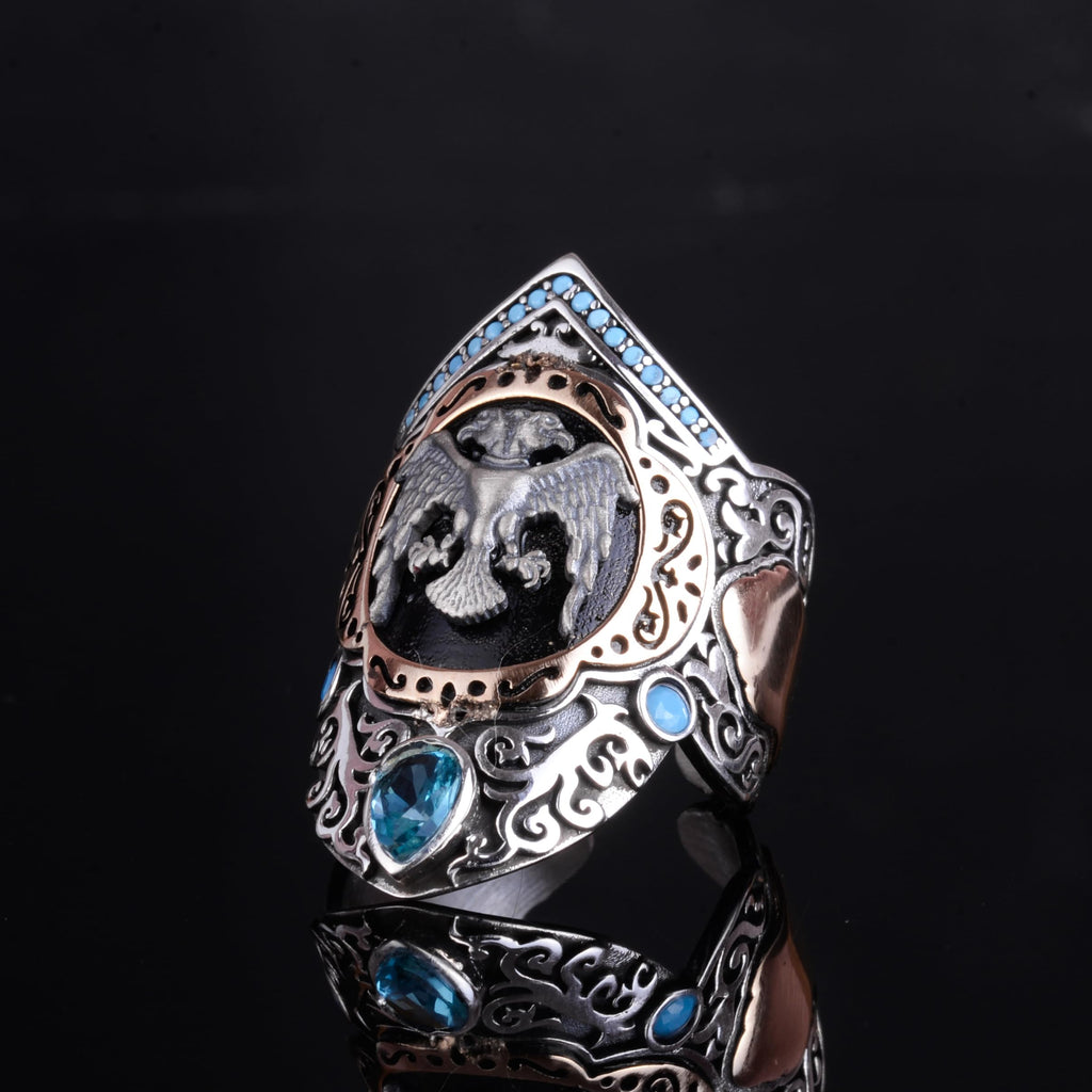 KAMBO Seljuk Double-Headed Eagle Archer Ring – Men's Design Topaz Large Ring – 925 Sterling Silver Handmade Sejuk Symbol (Blue Topaz) — 5