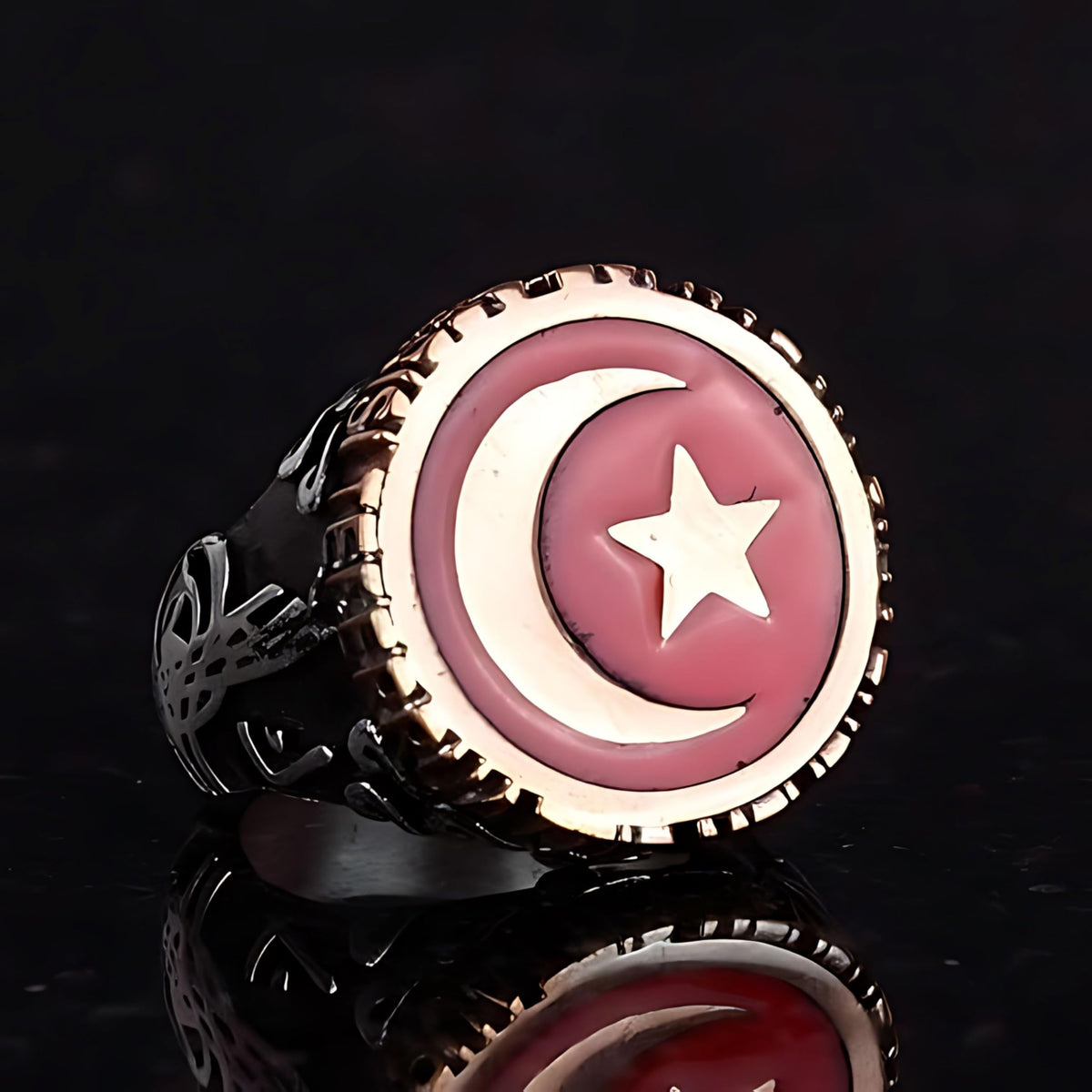 KAMBO Jewelry Handmade 925 Sterling Silver Men's Ring - Turkish Crescent and Star Moonstar Flag Design, Vintage Statemen