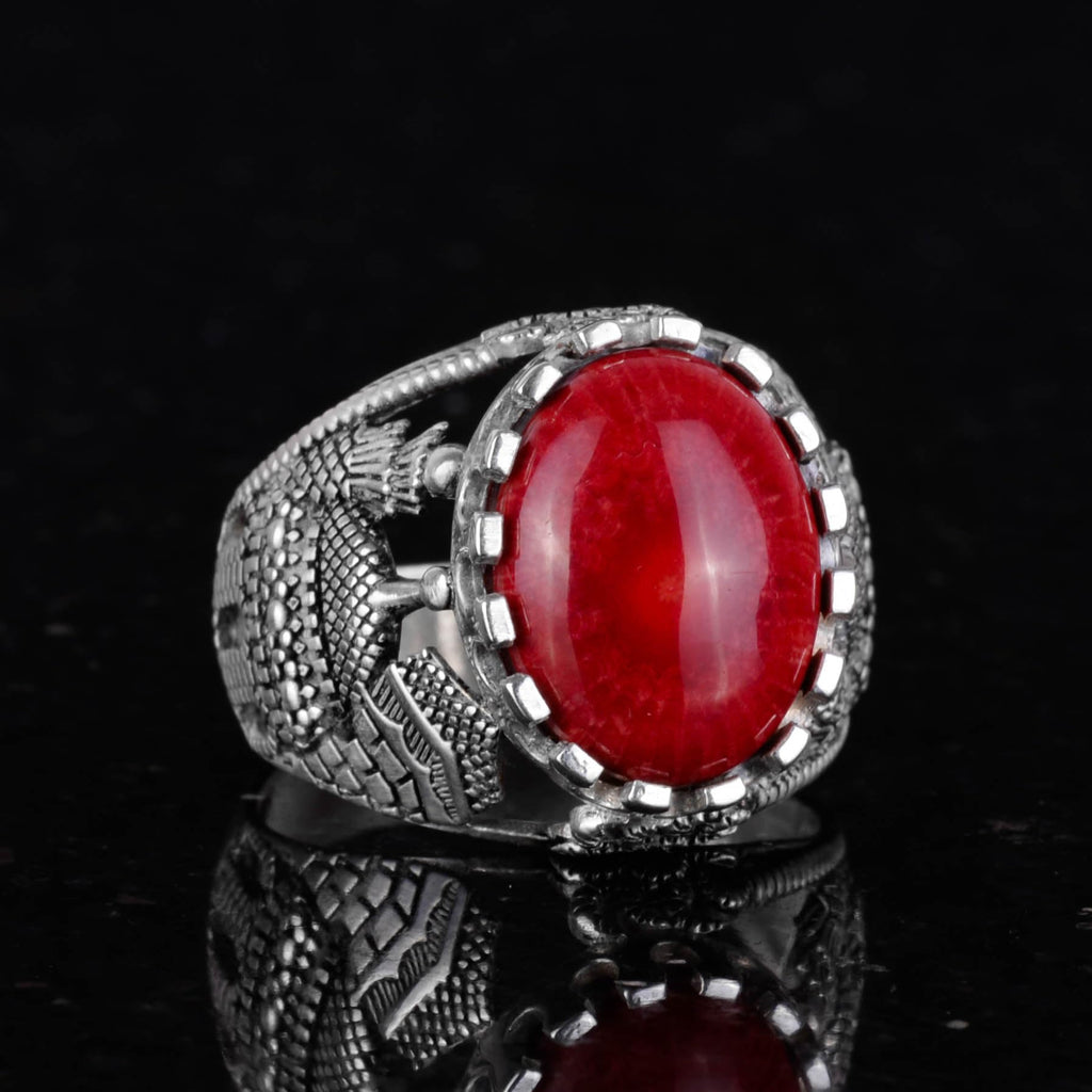 925 Sterling Silver Red Coral Stone Ring — 5
