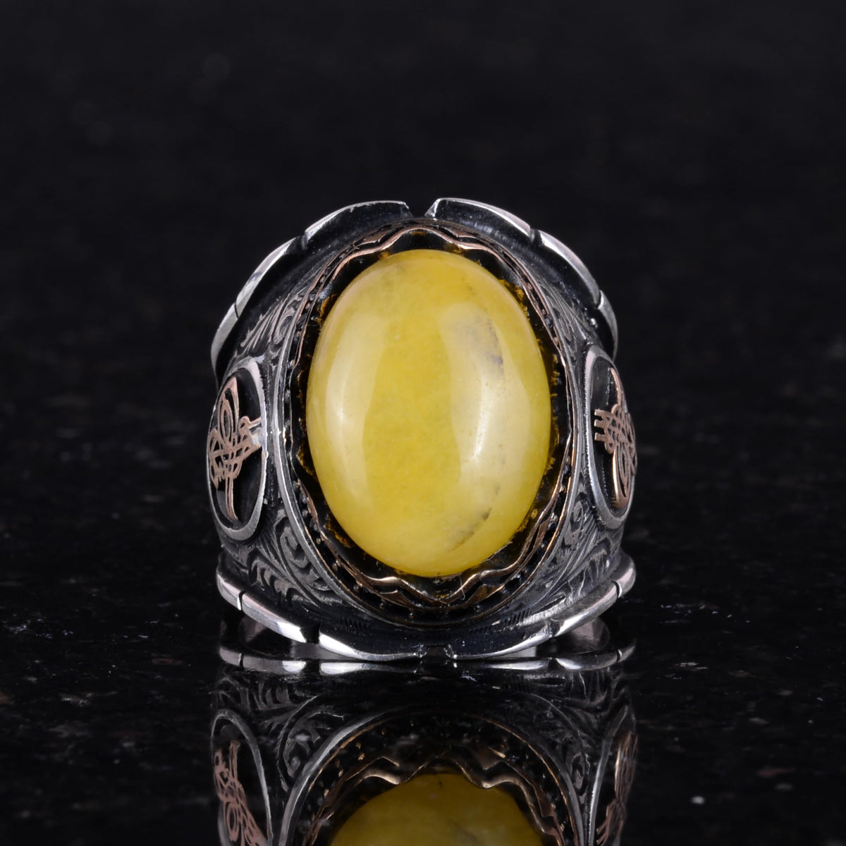 Ottoman Tugra Silver Ring, Natural Yellow Agate Stone Ring — 5