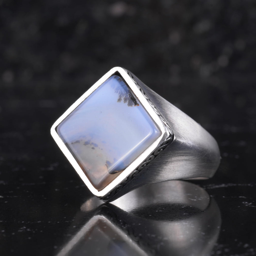 KAMBO Natural Stone Men's Ring 925 Sterling Silver – Square Cut Stone Handmade Minimalist Statement Ring (Yemen Agate) — 5