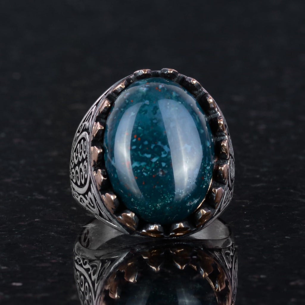 925 Sterling Silver Men's Ring - Handcrafted Elegance with Natural Green Blood Stone (Model-2) — 2