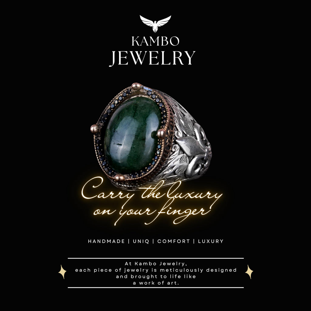 925 Sterling Silver Handmade Men's Ring - Available with Various Natural Stones (Cabochon Emerald) — 6