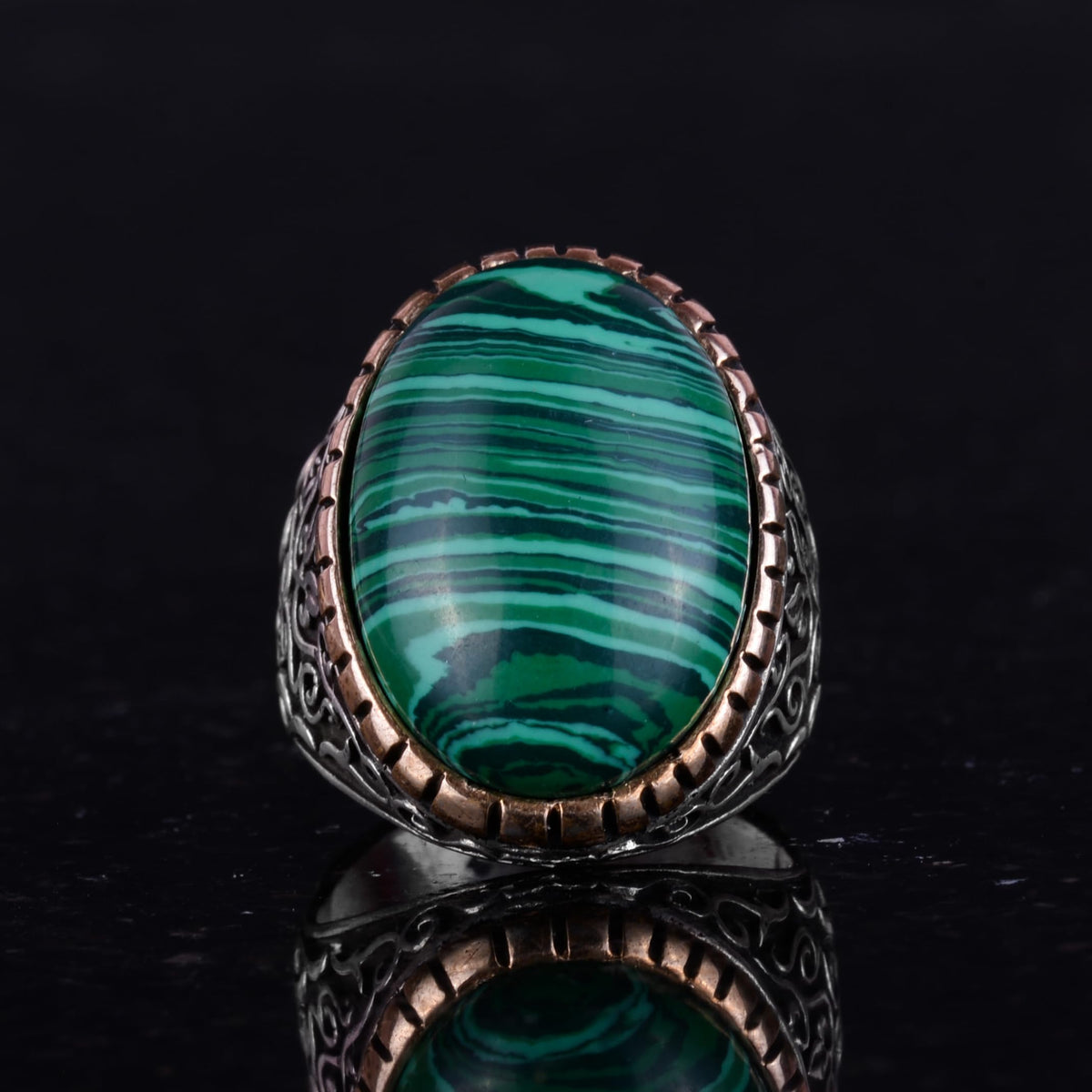 Big Ring, Natural Malachite Stone Ring, 925 Sterling Silver Men's Ring — 4
