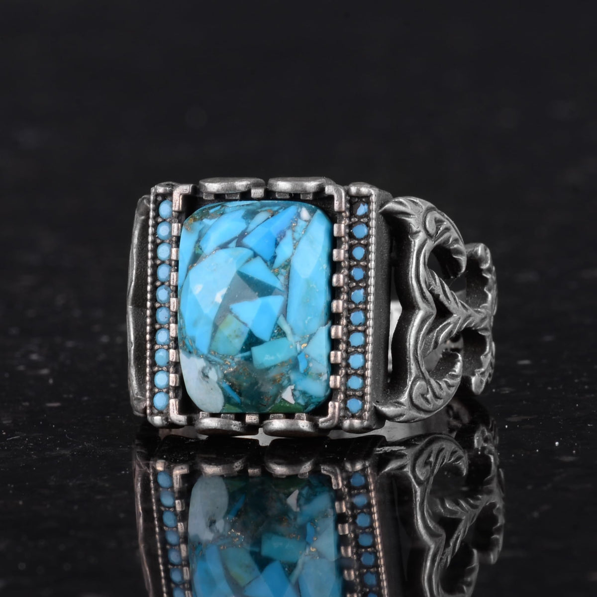 Silver Men's Ring with Natural Turquoise Stone - Brave Square Design — 6