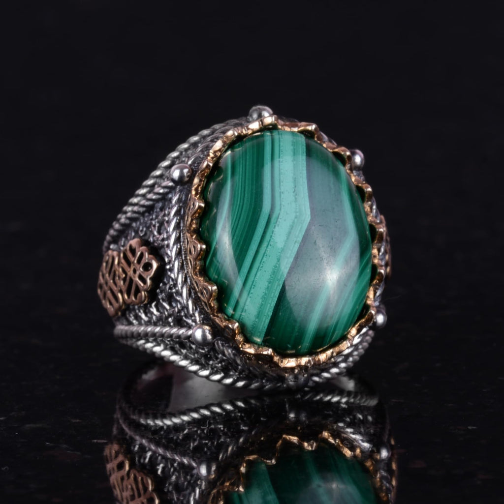 925 Sterling Silver Men's Ring, Natural Malachite Stone Ring — 2