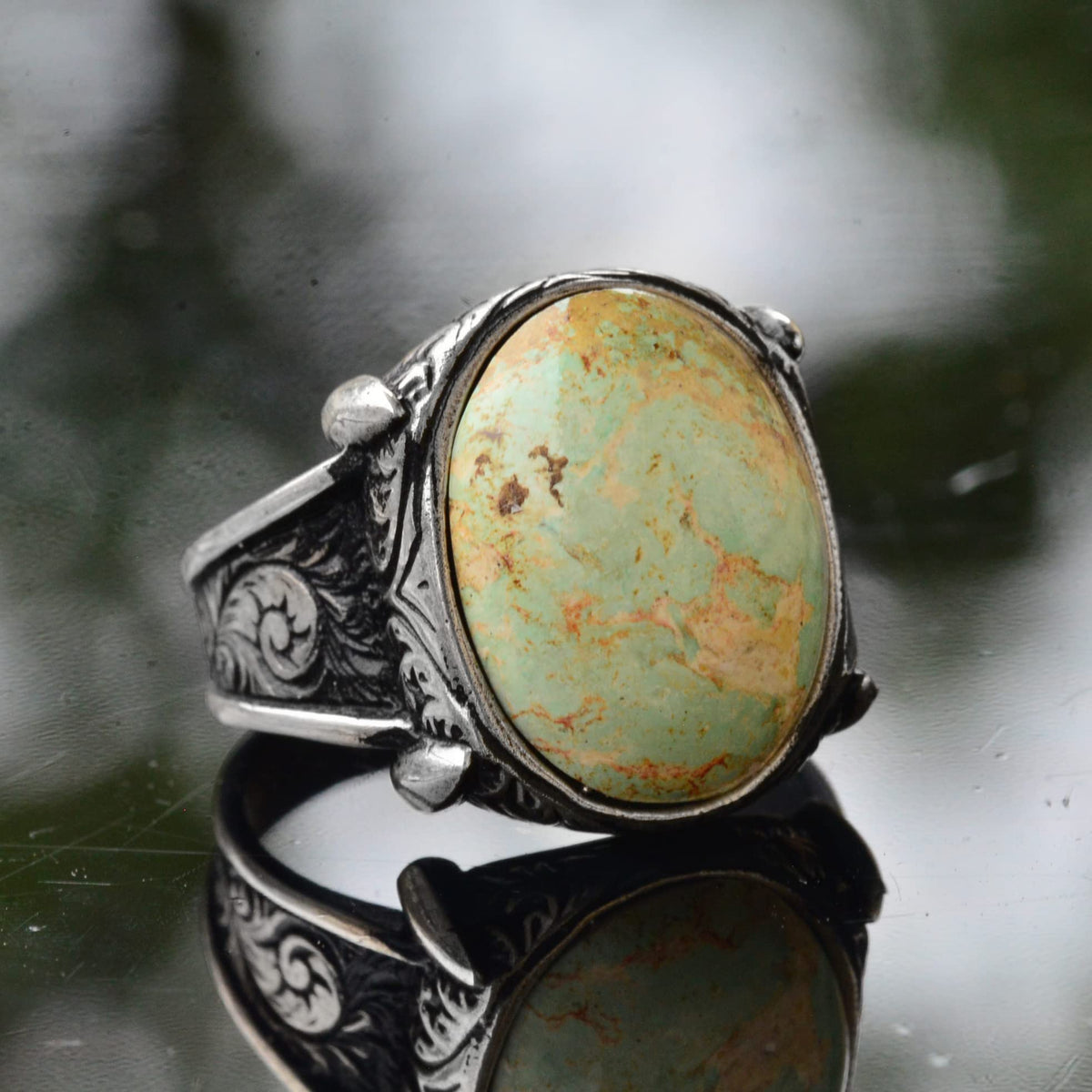 KAMBO Handmade Men's Turquoise Ring in 925 Sterling Silver, Classic Vintage Style-2 Design, Statement Healing Crystal Je