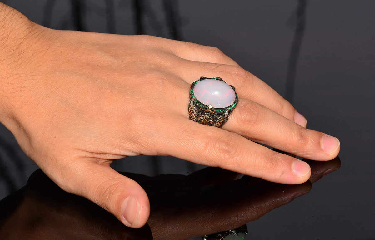Real Natural Australian Opal Stone 10.00 Carat Ring - Special Men's Ring - Silver Large Ring — 6