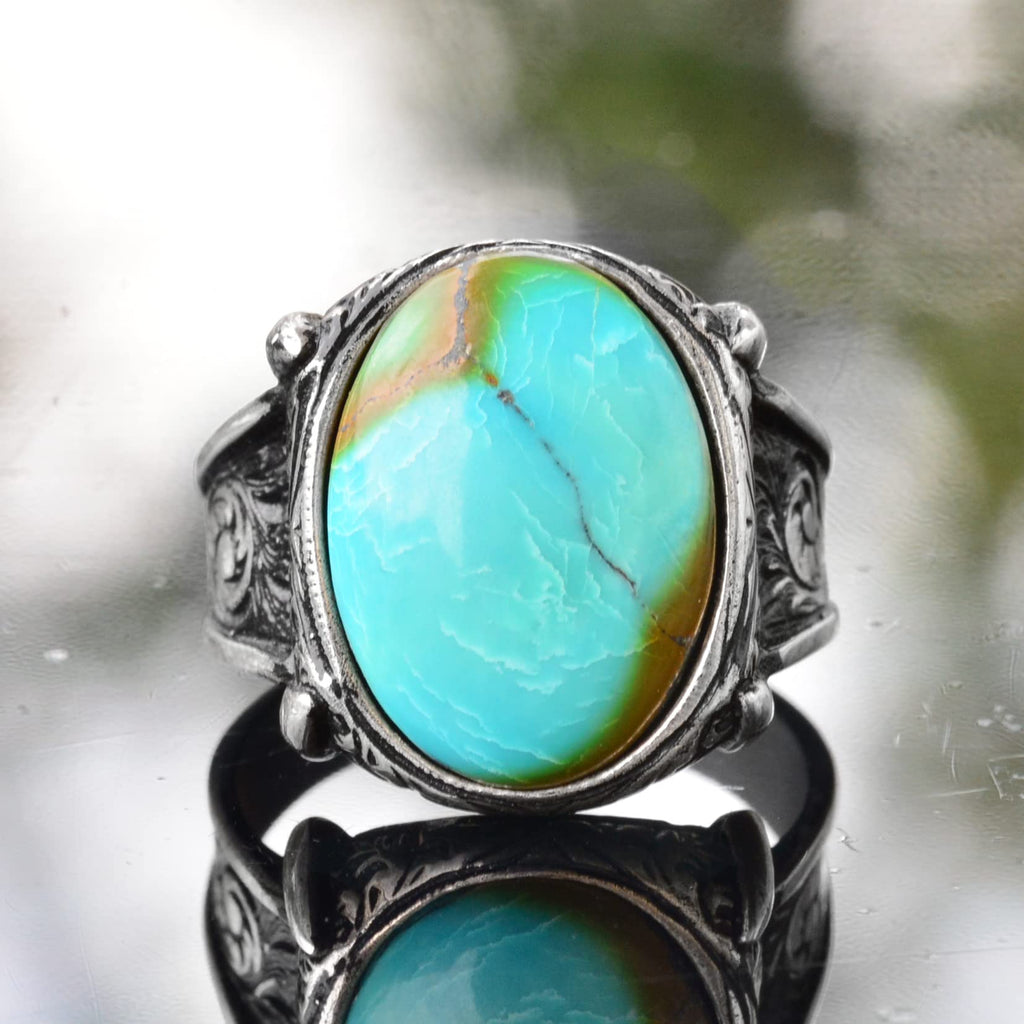 KAMBO Men's Handmade Natural Turquoise Ring in 925 Sterling Silver, Classic Vintage Style-1 Statement Jewelry, Healing C