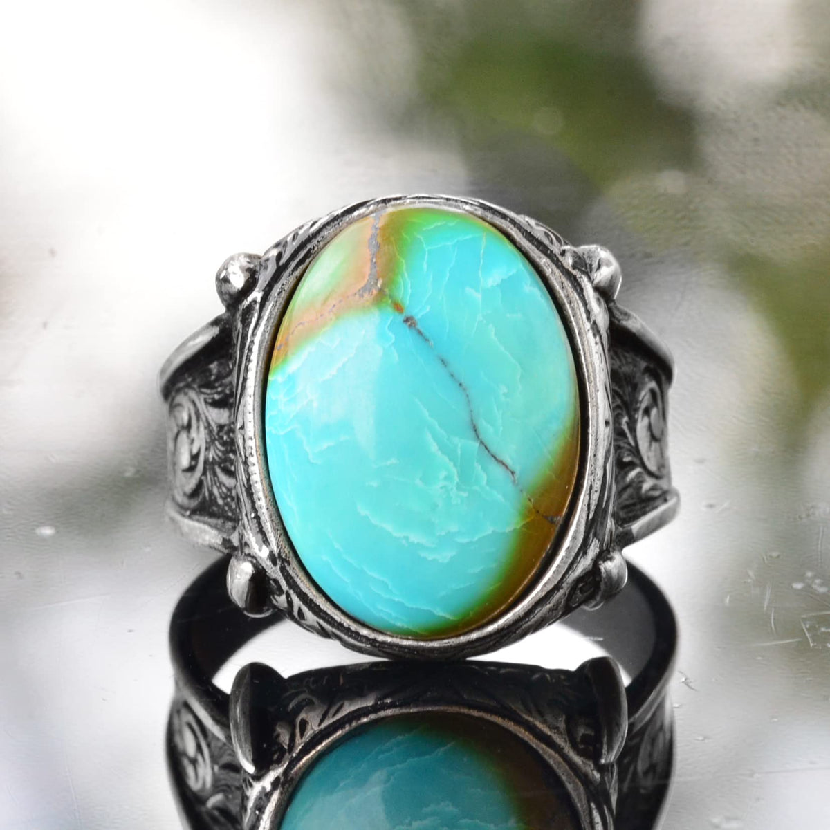 KAMBO Men's Handmade Natural Turquoise Ring in 925 Sterling Silver, Classic Vintage Style-1 Statement Jewelry, Healing C