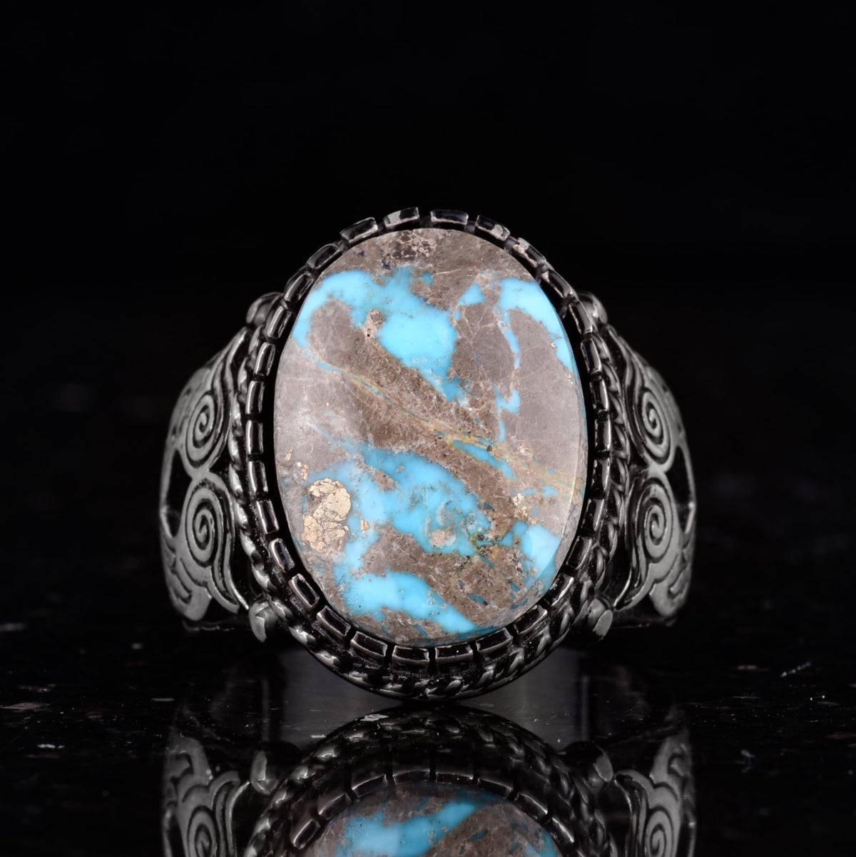 Natural Arizona Turquoise Owl Figure Silver Men's Ring — 4