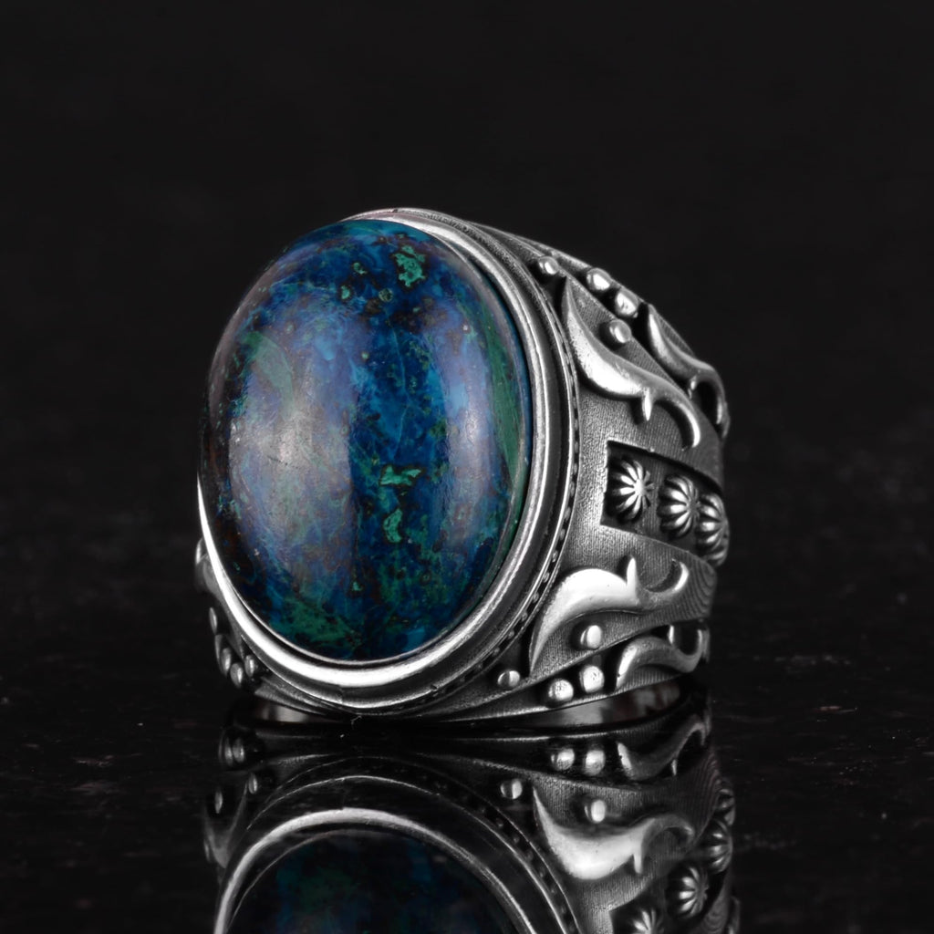 Silver Men's Ring, Natural Azurite Stone Ring, 925 Sterling Silver Ring, Insight and Clarity Design — 6