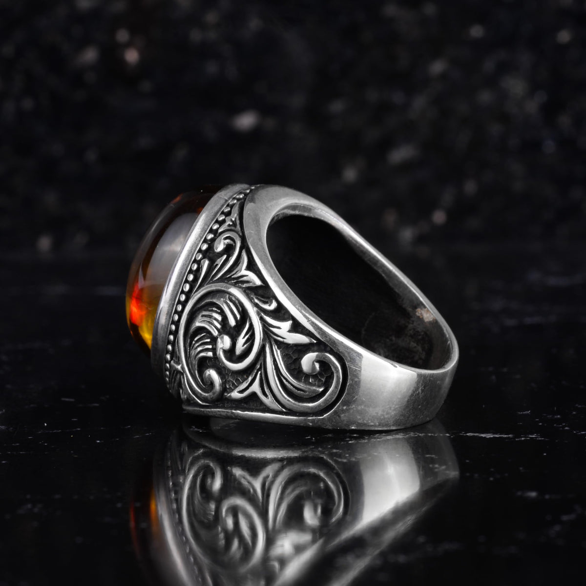 KAMBO Rose Inside Amber Stone Men's Ring – Oval Cabochon Amber Stone Ring – 925 Sterling Silver Handmade Vintage Flower Men's Jewelry — 7