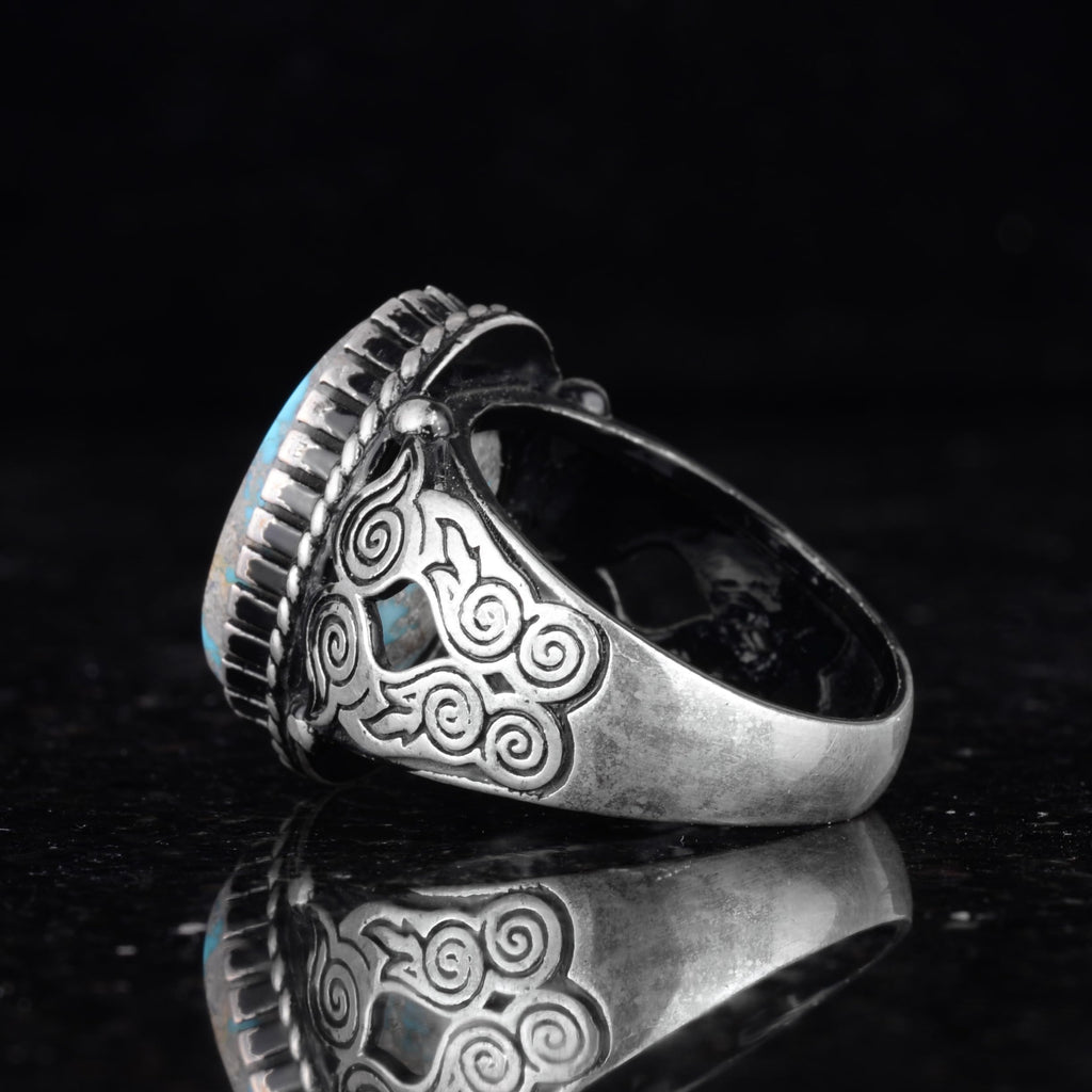 Natural Arizona Turquoise Owl Figure Silver Men's Ring — 7