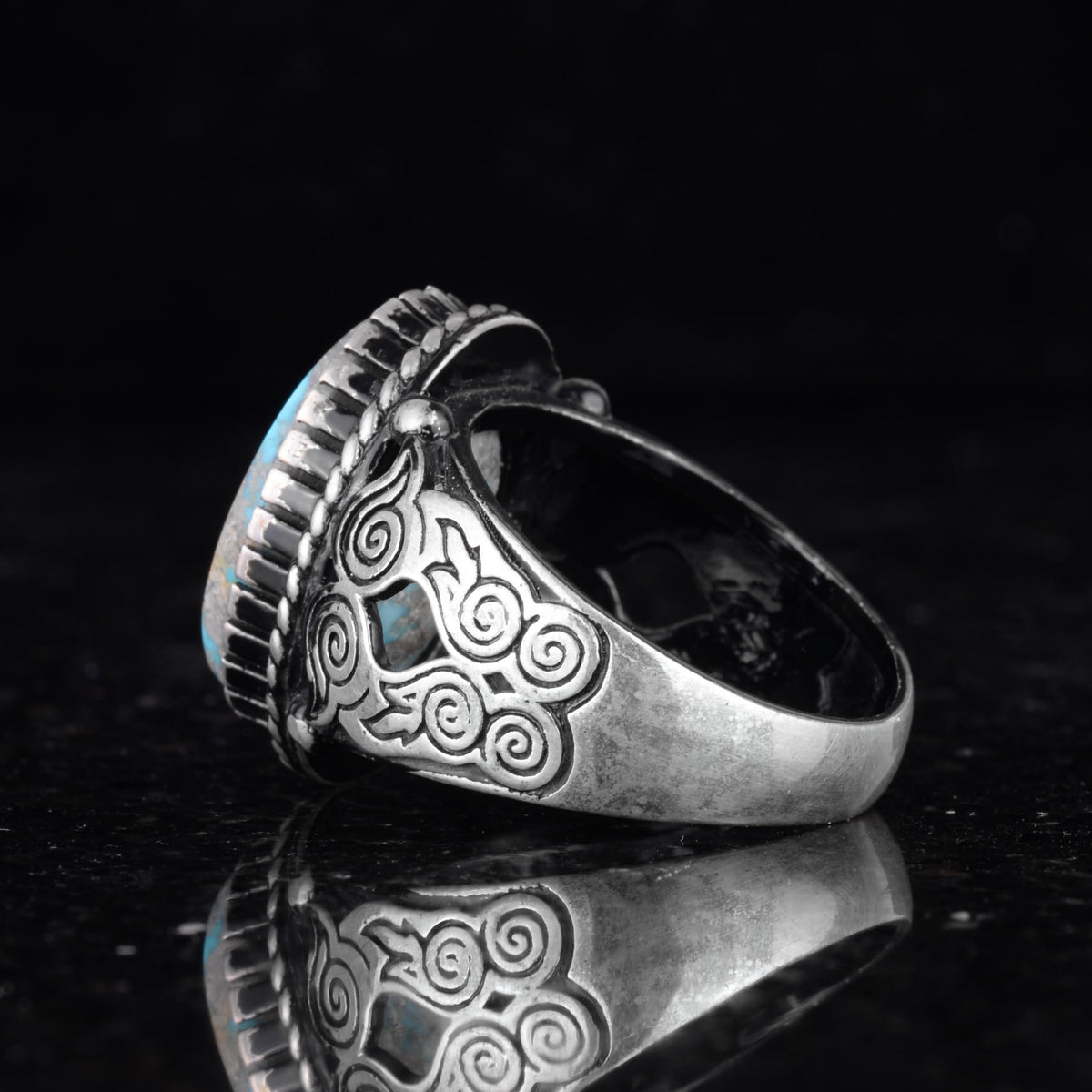 Natural Arizona Turquoise Owl Figure Silver Men's Ring — 7