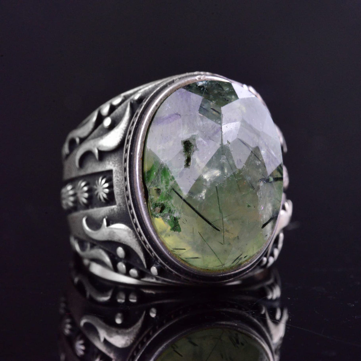 925 Sterling Silver Men's Ring – Natural Prehnite Stone, Detailed Carving Design — 4
