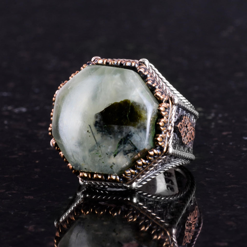 Natural Prehnite Stone Octagonal Ring - Handcrafted 925 Sterling Silver Jewelry — 5
