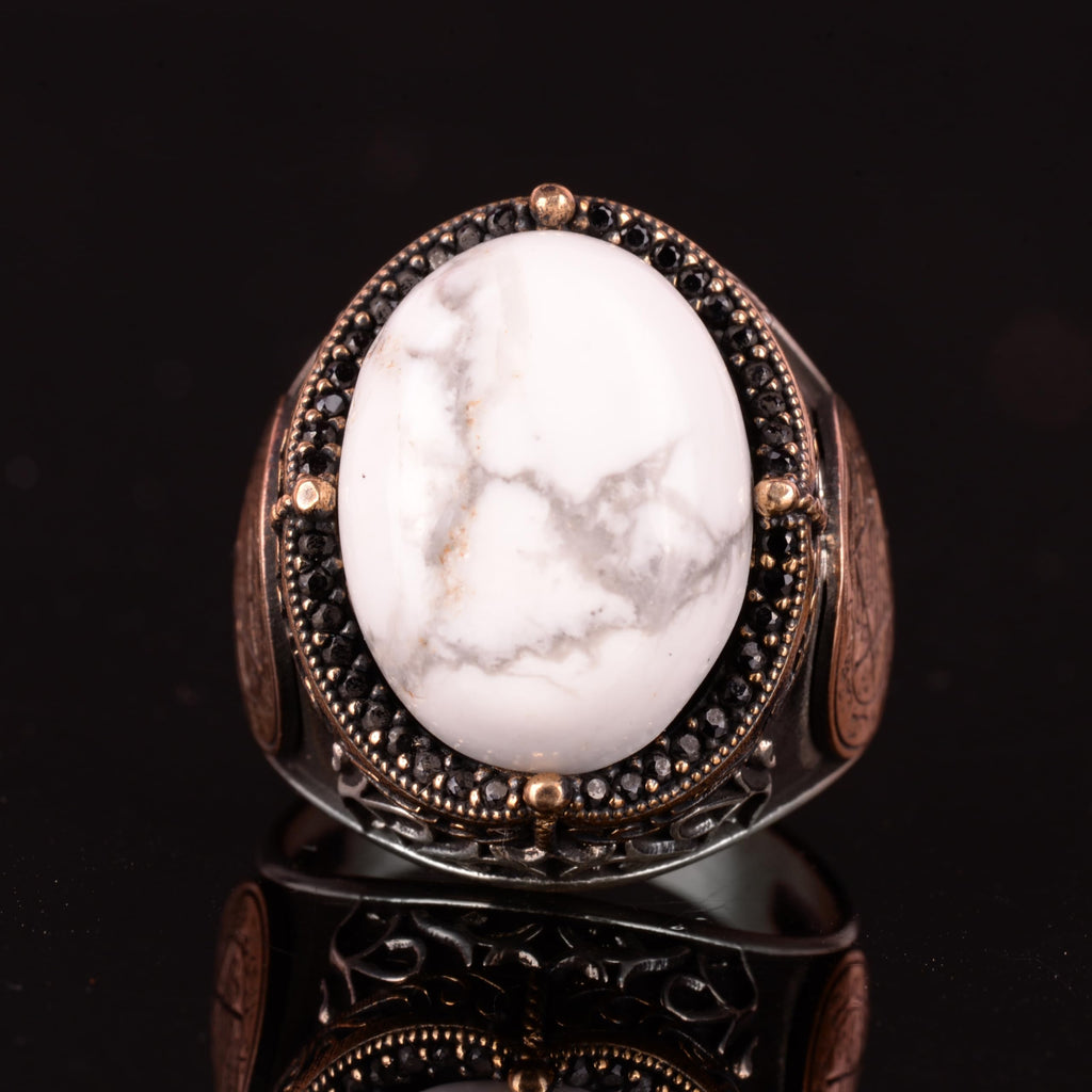 Star of David Silver Ring, Natural Howlite Stone Ring — 5