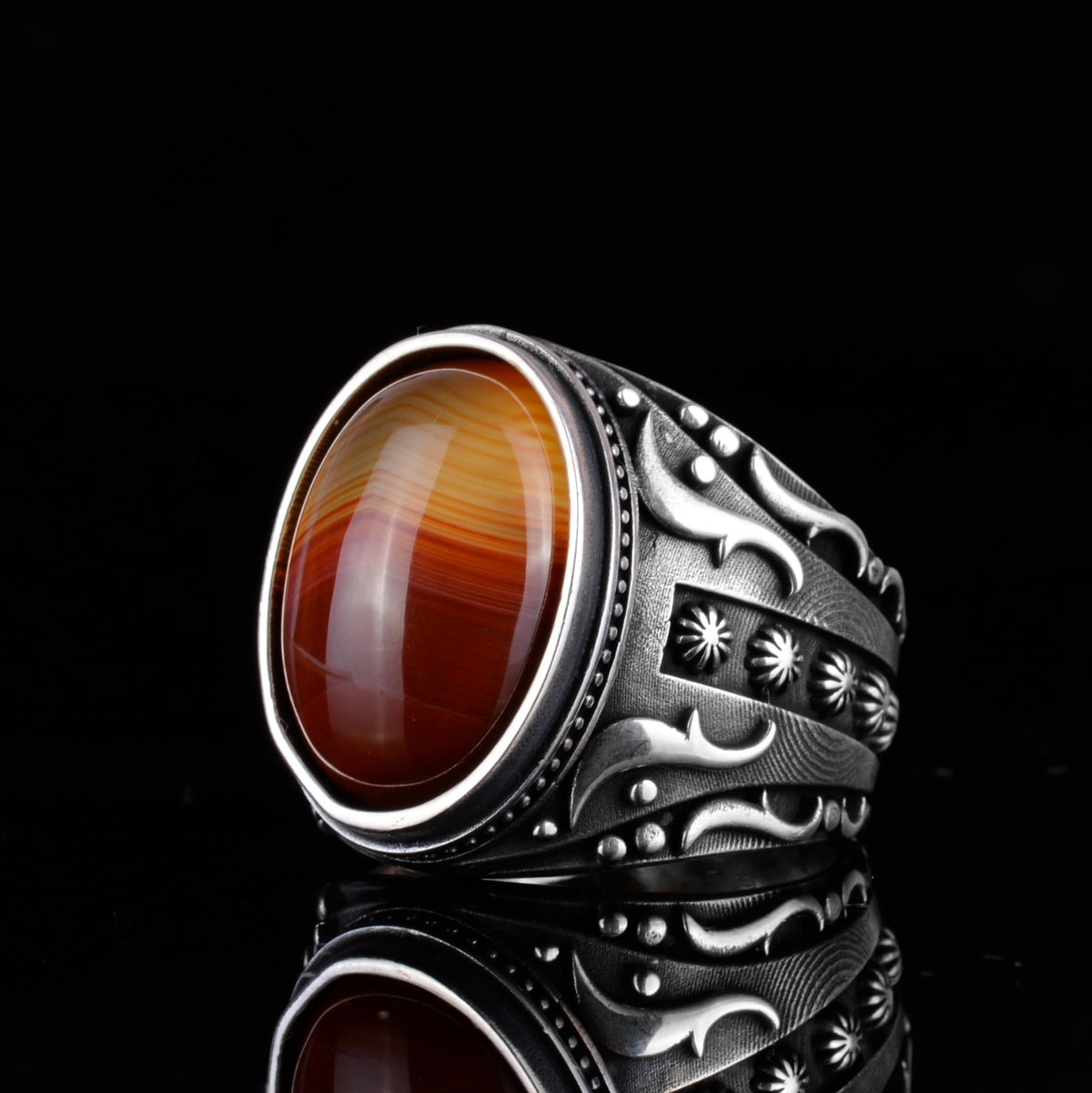 KAMBO Men's Natural Agate Ring – 925 Sterling Silver Flower Pattern Ring – Men's Handmade Vintage Style Statement Ring (Agate-2) — 6