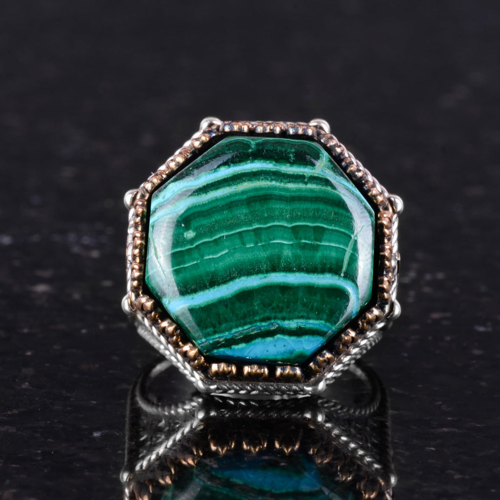 Natural Stone Ring - Octagonal Design - Handcrafted 925 Sterling Silver (Chrysocolla) — 4